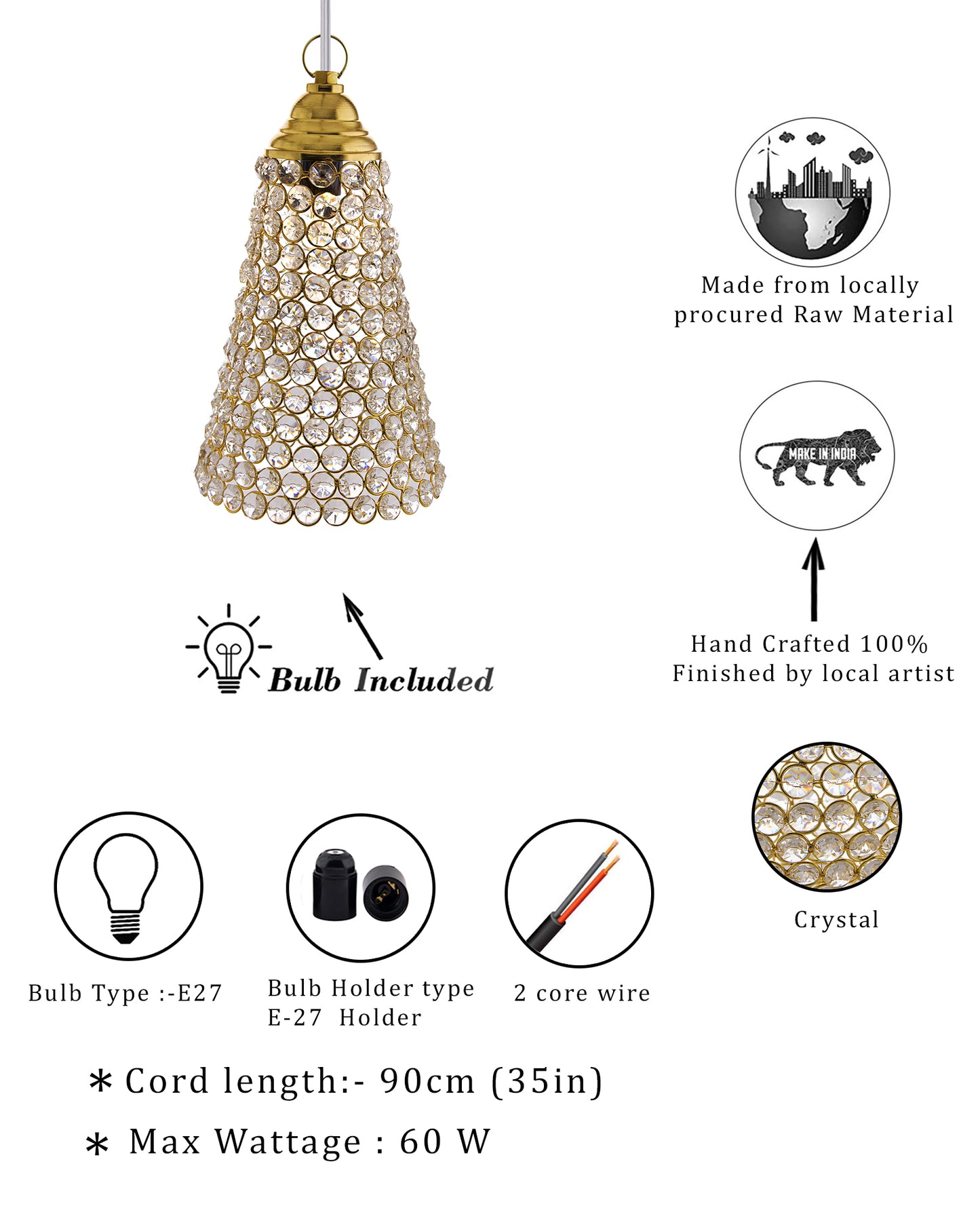 Homesake® Crystal Hanging Pendant Inverted Cone, Hanging Lamp Fixtures, Restaurant Lights, Hanging Lights for Ceiling, Decorative Lights for Home, Ceiling Lights for Living Room