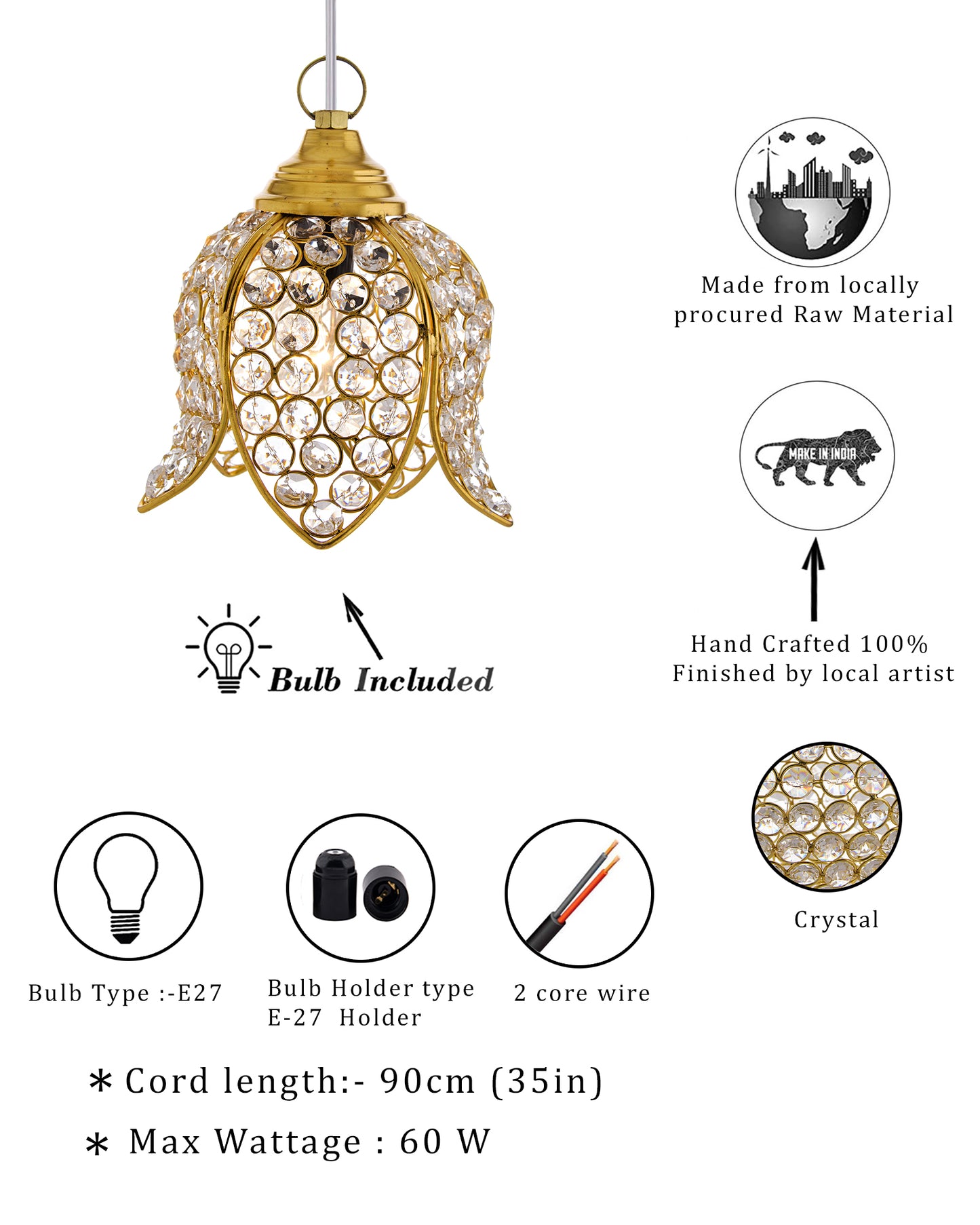 Crystal Pendant Light | Modern LED Ceiling Fixture | Chandelier Style | Warm White | Stylish Interior Lighting | Living Room, Bedroom, Dining Room Light | Contemporary Home Decor (Golden)