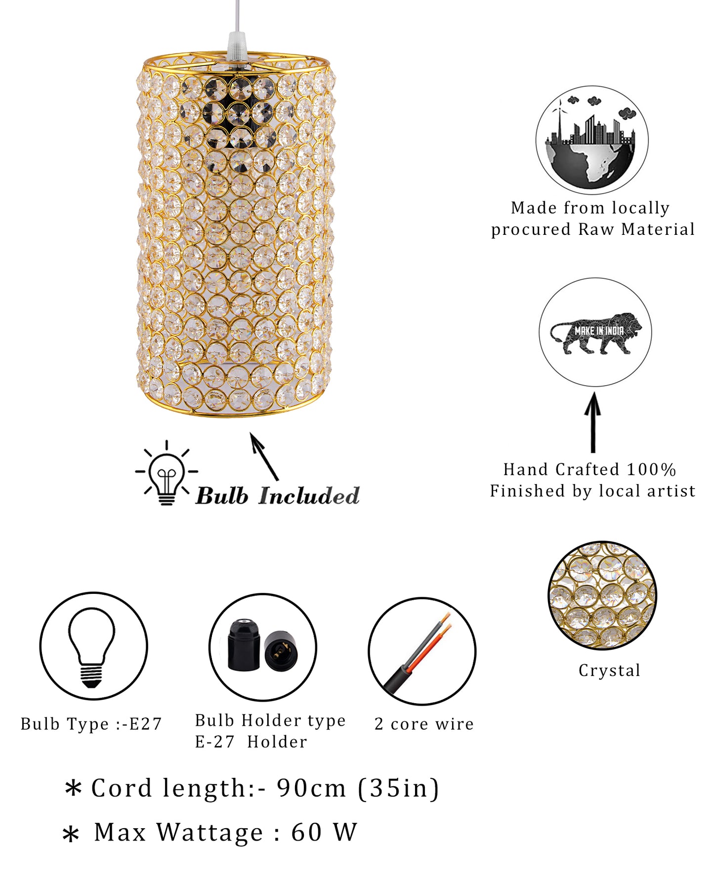 Crystal Hanging barrel Pendant, hanging ceiling light, Large