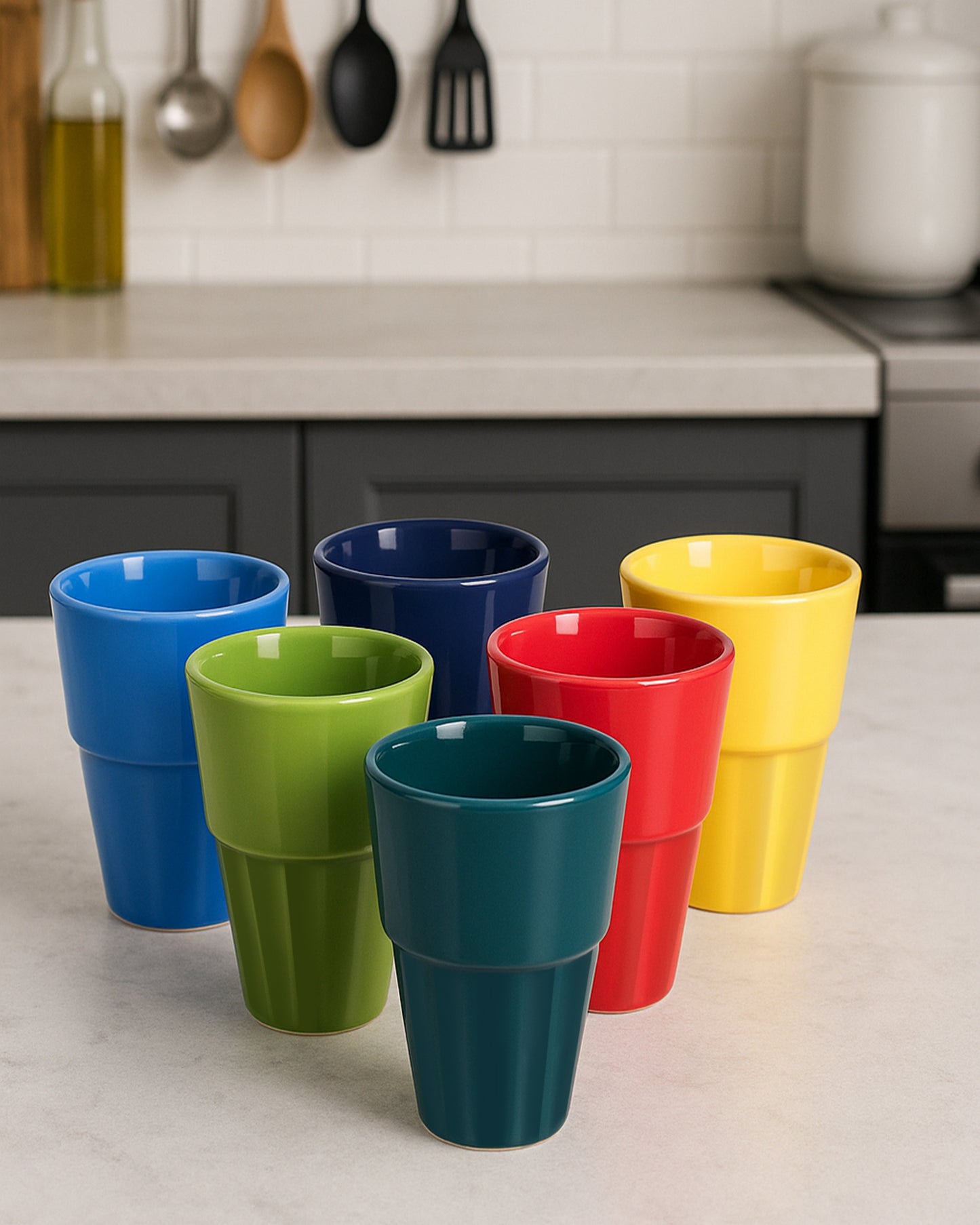 Homesake® Ceramic Antique Chai Tea Glasses Multicolour Vintage Stoneware, Cutting Chai Set with Holder Stand Tea Cups Coffee Mugs Tapri Chai Glass, Microwave & Dishwasher Safe - Set of 6