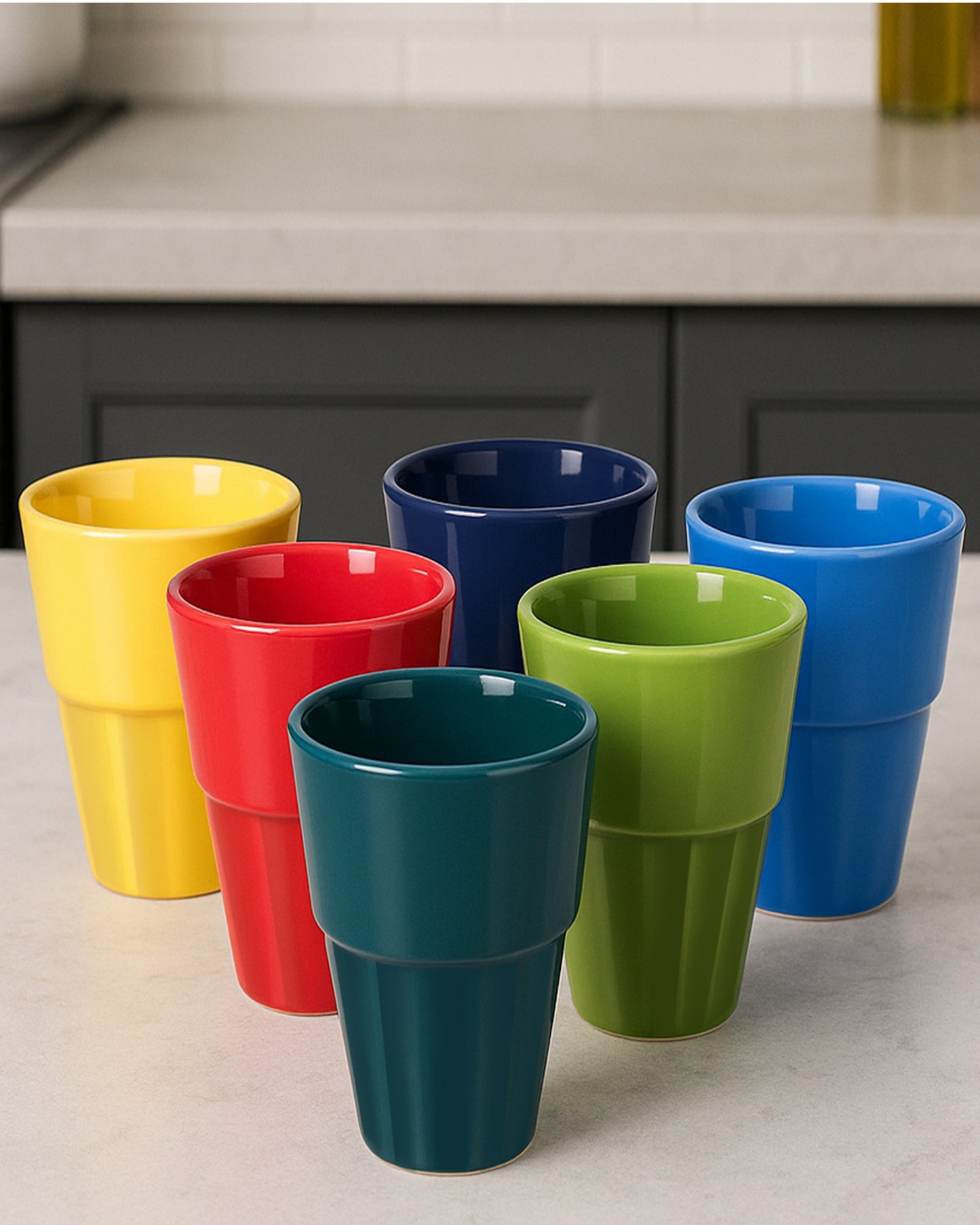 Homesake® Ceramic Antique Chai Tea Glasses Multicolour Vintage Stoneware, Cutting Chai Set with Holder Stand Tea Cups Coffee Mugs Tapri Chai Glass, Microwave & Dishwasher Safe - Set of 6