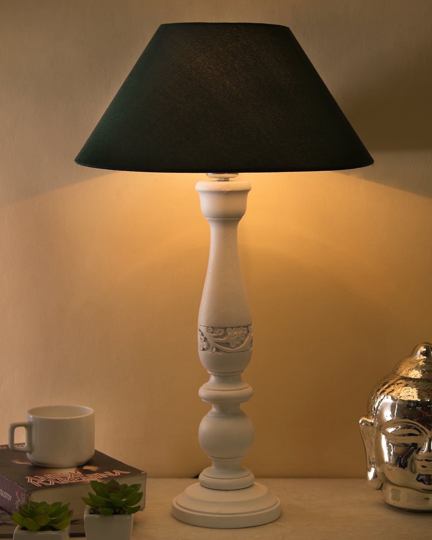 Floral Carved White Wood Table Lamp With Blue Shade