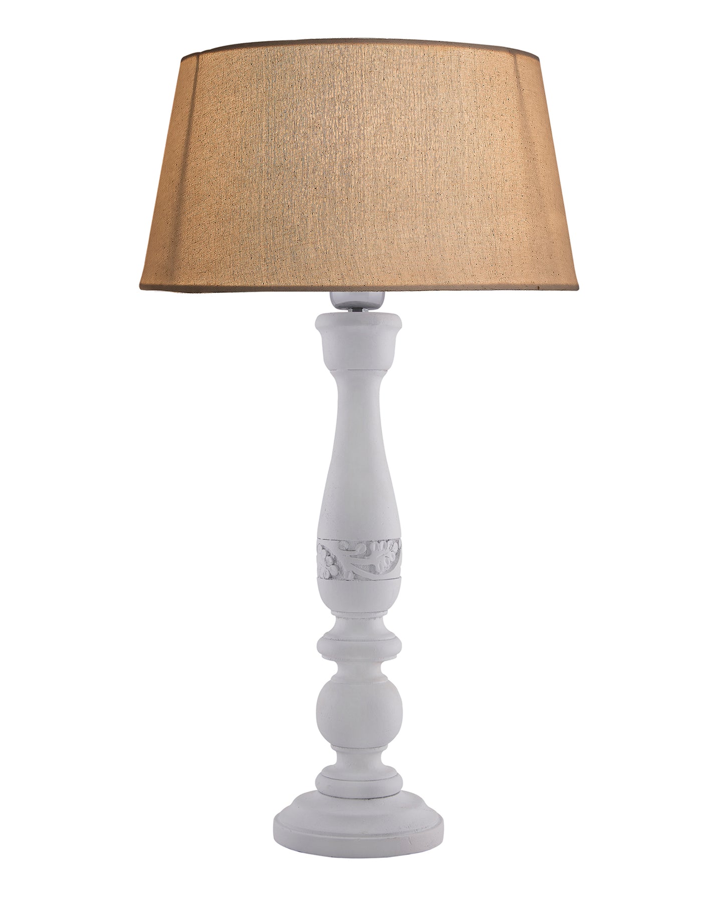 Floral Carved White Wood Table Lamp With Blue Shade