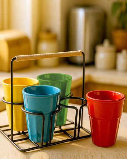 Homesake® Multicolour Ceramic Tea Glass Cup Set with Metal Holder Stand | 4-Piece cutting Chai Cups for Home Kitchen, Cafe, Hotel, Office | Microwave Safe Ceramic Cups Set , Coffee