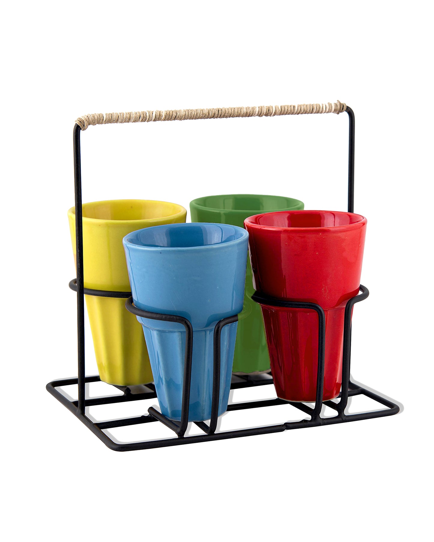 Homesake® Multicolour Ceramic Tea Glass Cup Set with Metal Holder Stand | 4-Piece cutting Chai Cups for Home Kitchen, Cafe, Hotel, Office | Microwave Safe Ceramic Cups Set , Coffee