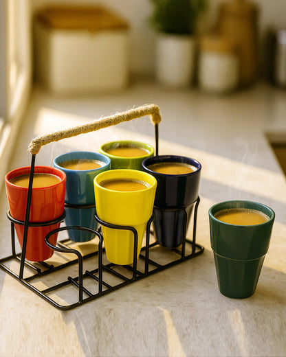 Homesake® Ceramic Antique Chai Tea Multicolour Glasses with stand, Cutting Chai Cups for Home Kitchen, Tea Cup Office, Microwave Safe Ceramic Cup Set for Coffee - Set of 6