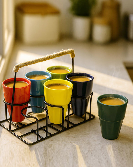 Homesake® Ceramic Antique Chai Tea Multicolour Glasses with stand, Cutting Chai Cups for Home Kitchen, Tea Cup Office, Microwave Safe Ceramic Cup Set for Coffee - Set of 6