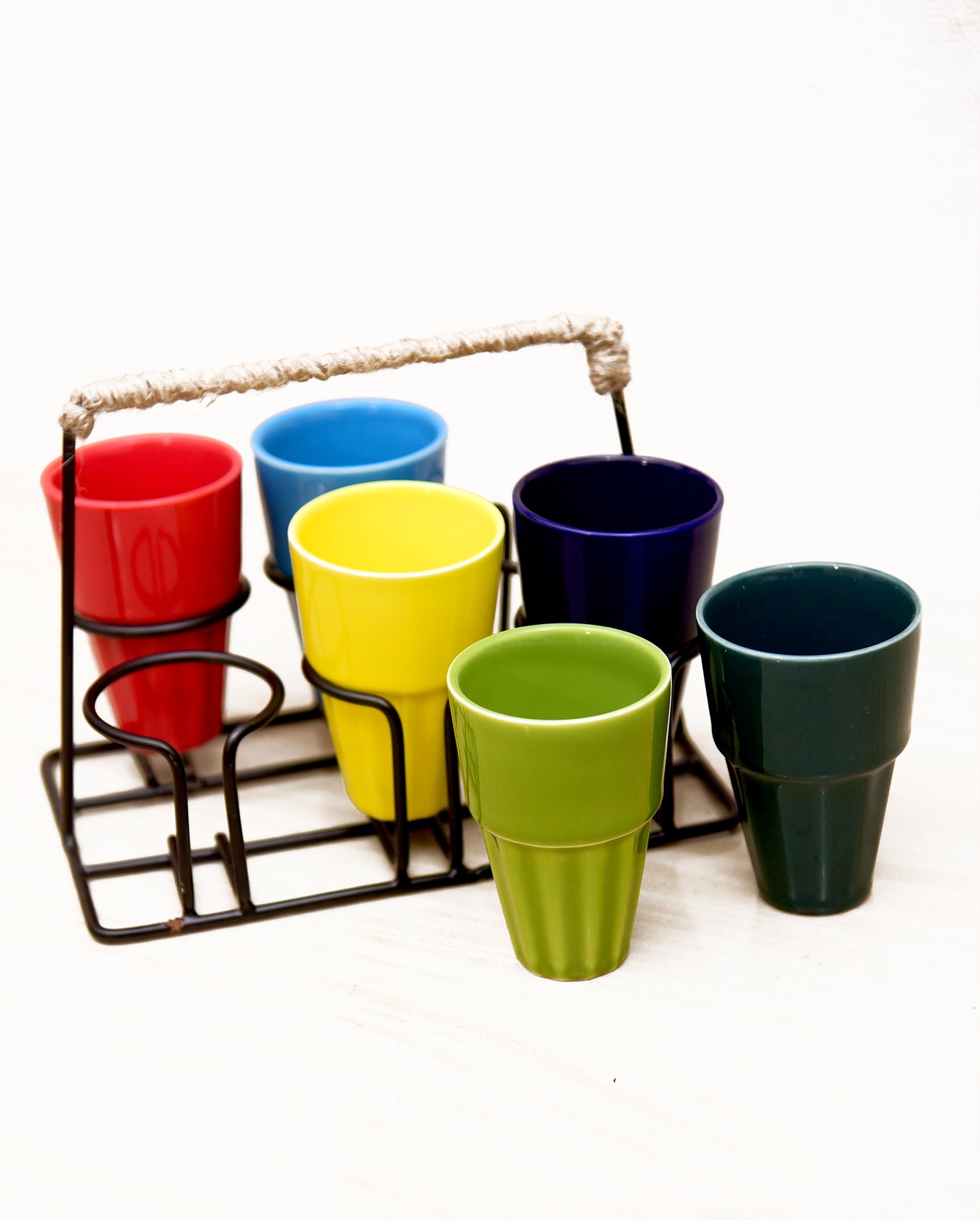 Homesake® Ceramic Antique Chai Tea Multicolour Glasses with stand, Cutting Chai Cups for Home Kitchen, Tea Cup Office, Microwave Safe Ceramic Cup Set for Coffee - Set of 6