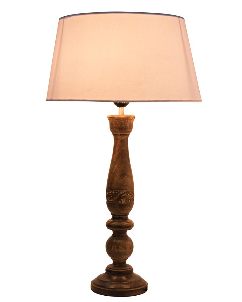 Floral Carved Black Wood Table Lamp With Drum Shade