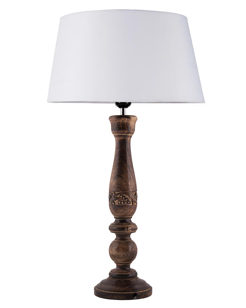 Floral Carved Black Wood Table Lamp With Drum Shade