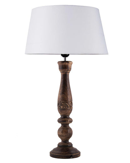 Floral Carved Black Wood Table Lamp With Drum Shade
