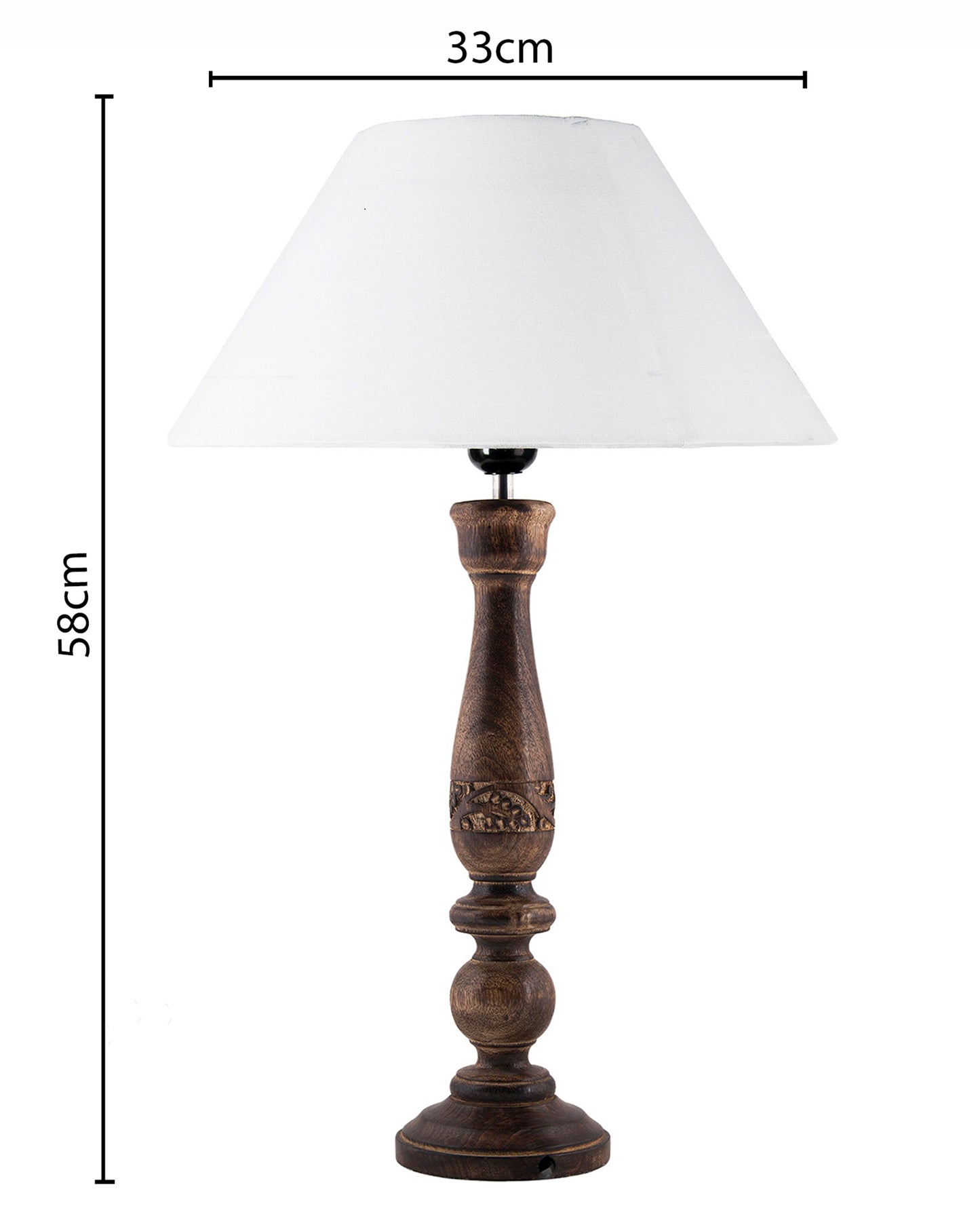 Floral Carved Black Wood Table Lamp With Drum Shade