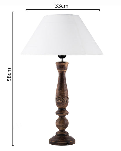 Floral Carved Black Wood Table Lamp With Drum Shade
