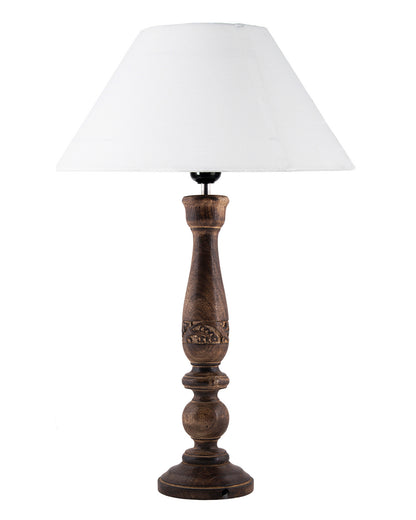 Floral Carved Black Wood Table Lamp With Drum Shade