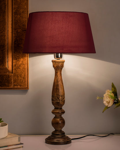 Floral Carved Black Wood Table Lamp With Drum Shade