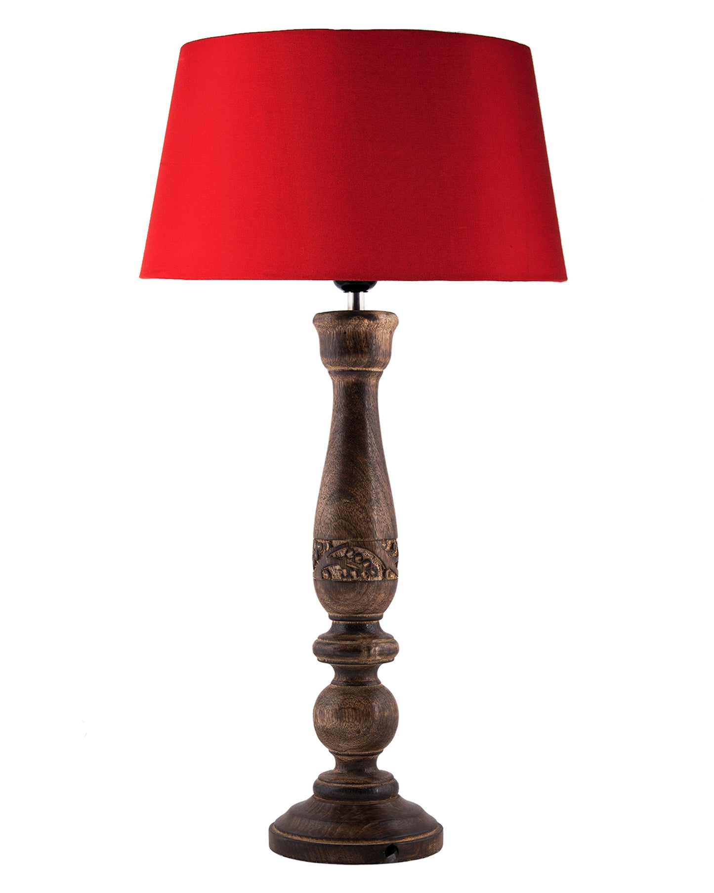 Floral Carved Black Wood Table Lamp With Drum Shade