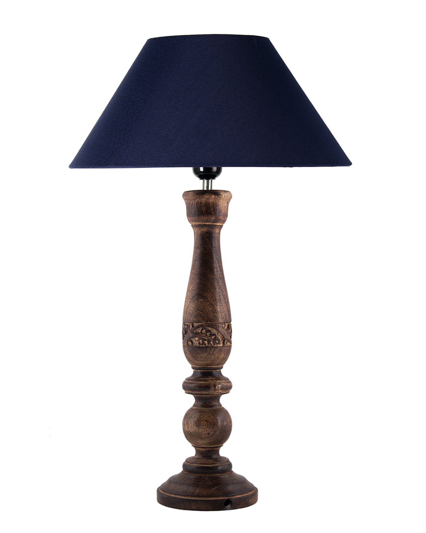 Floral Carved Black Wood Table Lamp With Drum Shade