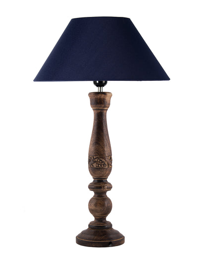 Floral Carved Black Wood Table Lamp With Drum Shade