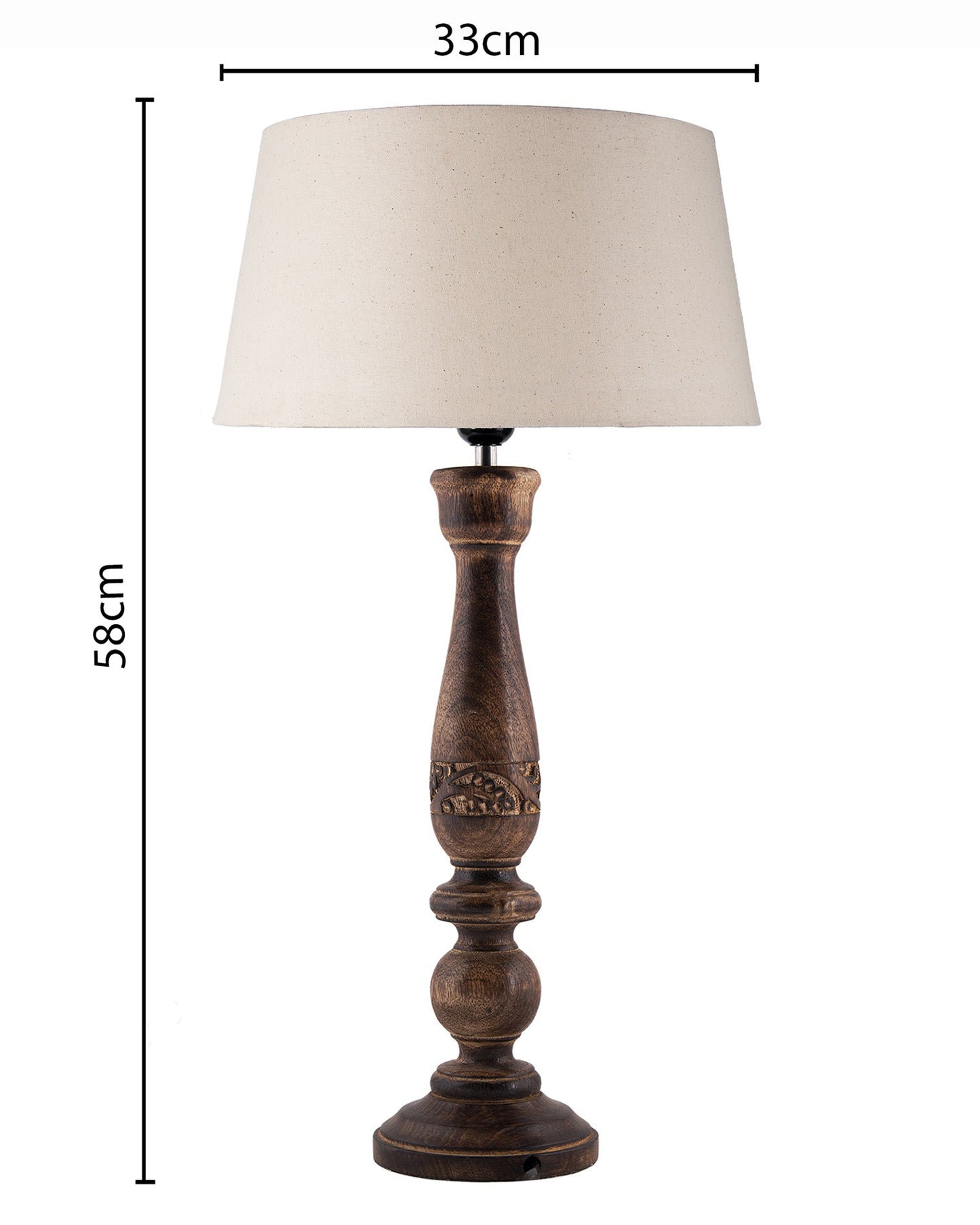 Floral Carved Black Wood Table Lamp With Drum Shade