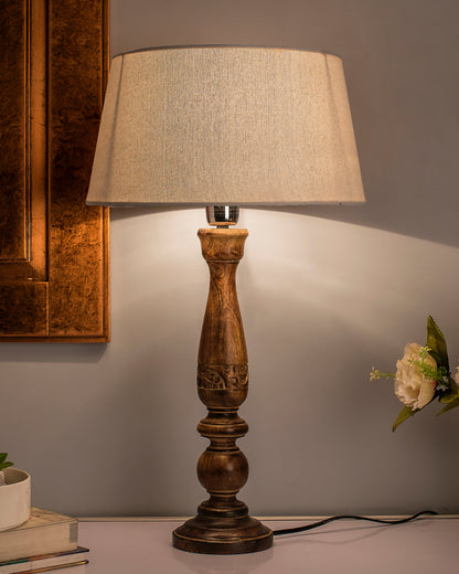 Floral Carved Black Wood Table Lamp With Drum Shade