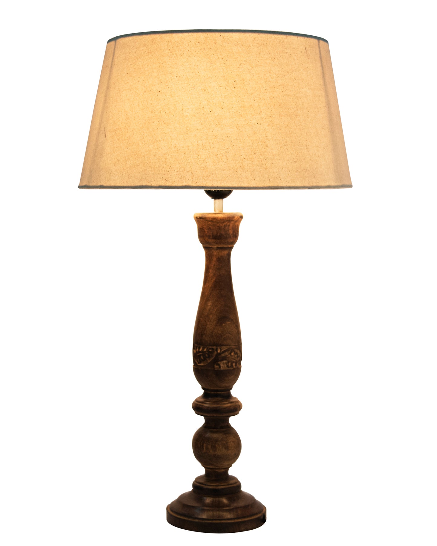 Floral Carved Black Wood Table Lamp With Drum Shade