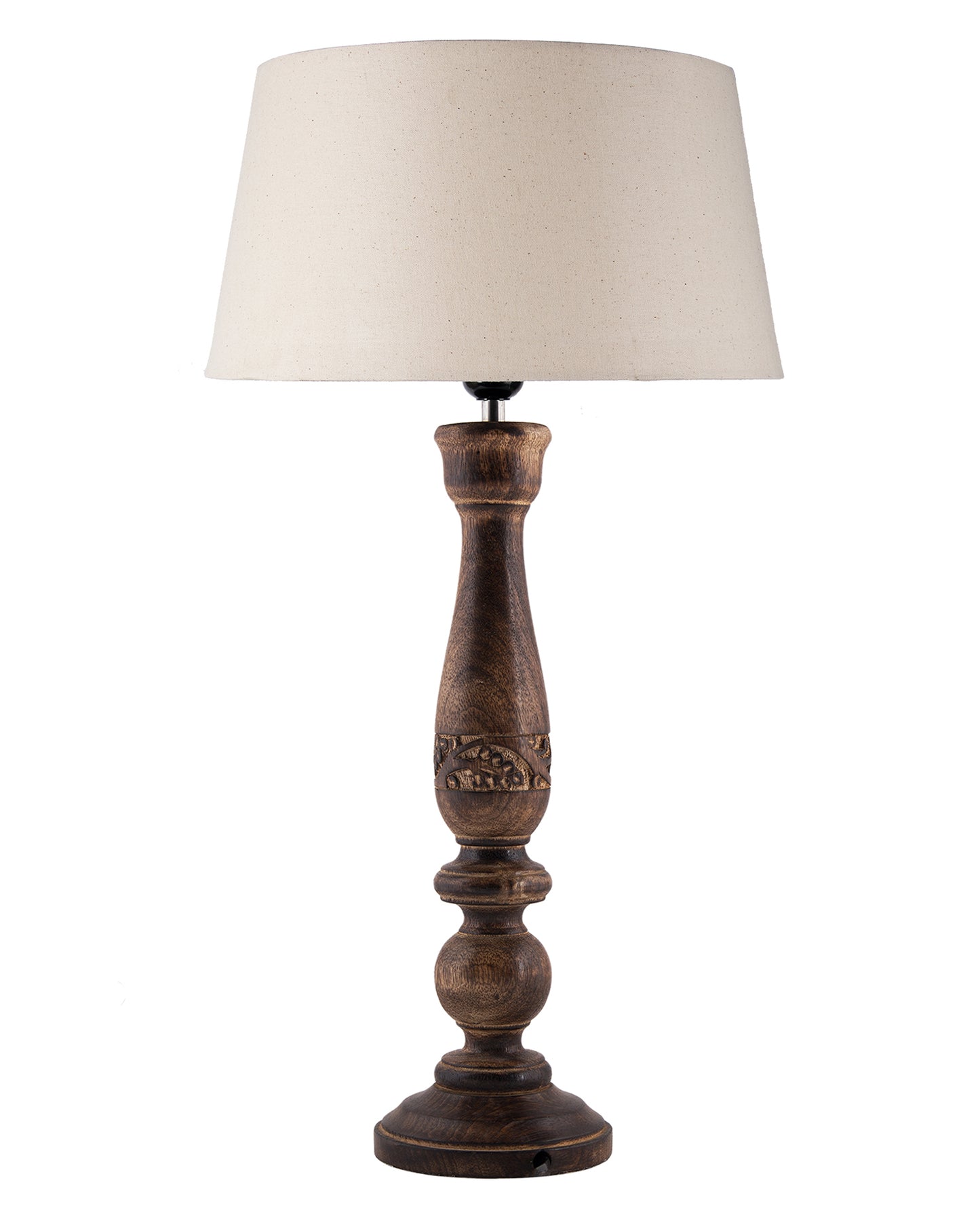 Floral Carved Black Wood Table Lamp With Drum Shade
