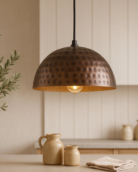 Antique copper hammered pendant, hanging lamp, 8''