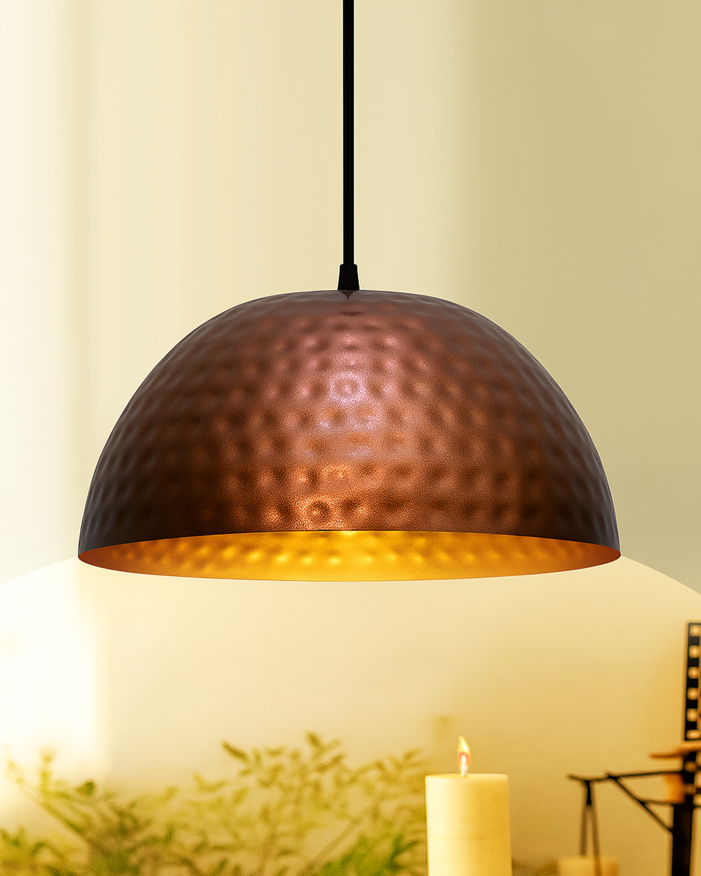 Antique copper hammered pendant, hanging lamp, 10"
