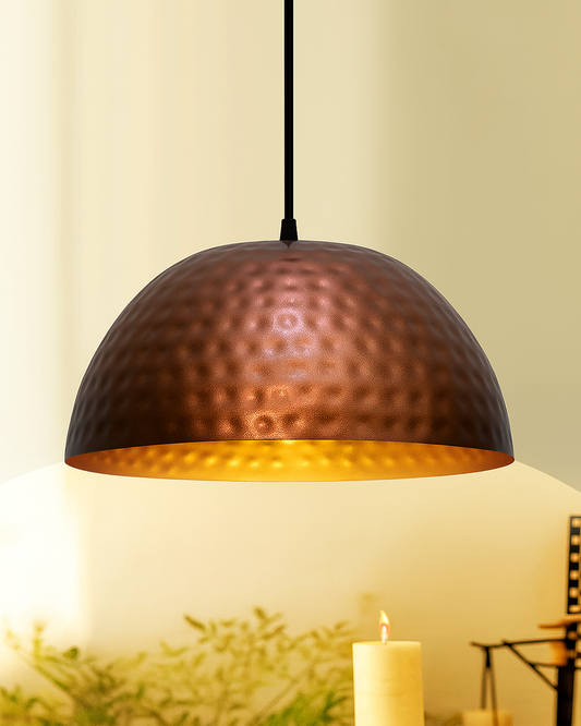 Antique copper hammered pendant, hanging lamp, 10"