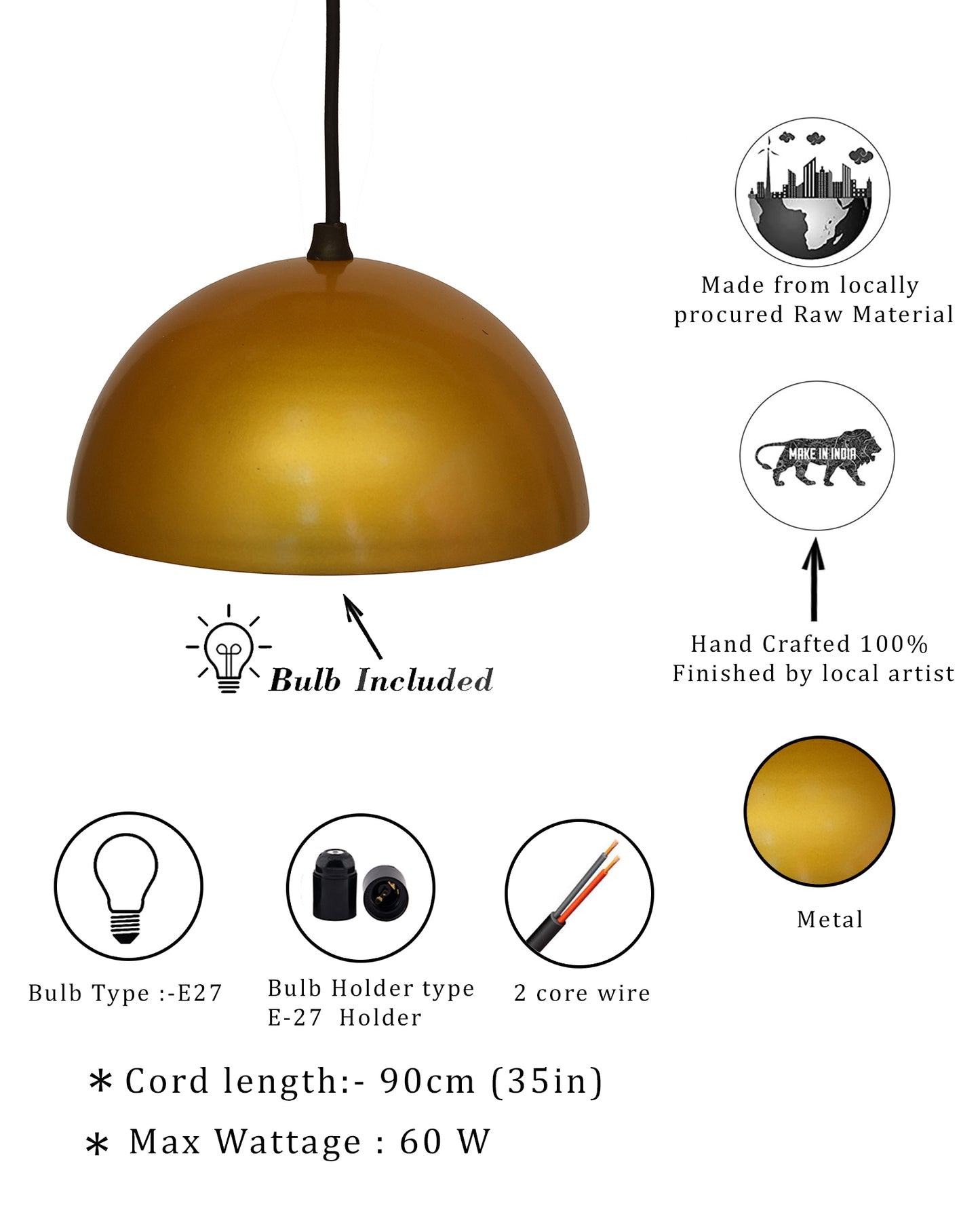 Metallic Pendant hanging light, hanging lamp 8"