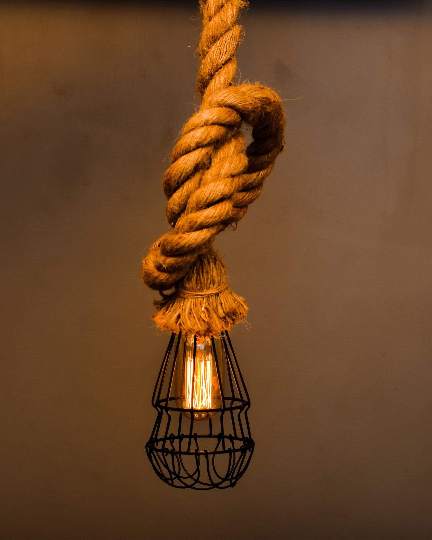 Rustic Hanging Rope filament lamp with cage, retro pendant light, with filament bulb T45