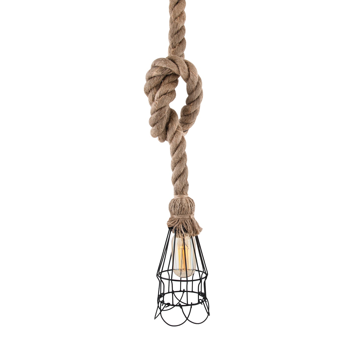 Rustic Hanging Rope filament lamp with cage, retro pendant light, with filament bulb T45