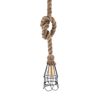 Rustic Hanging Rope filament lamp with cage, retro pendant light, with filament bulb T45