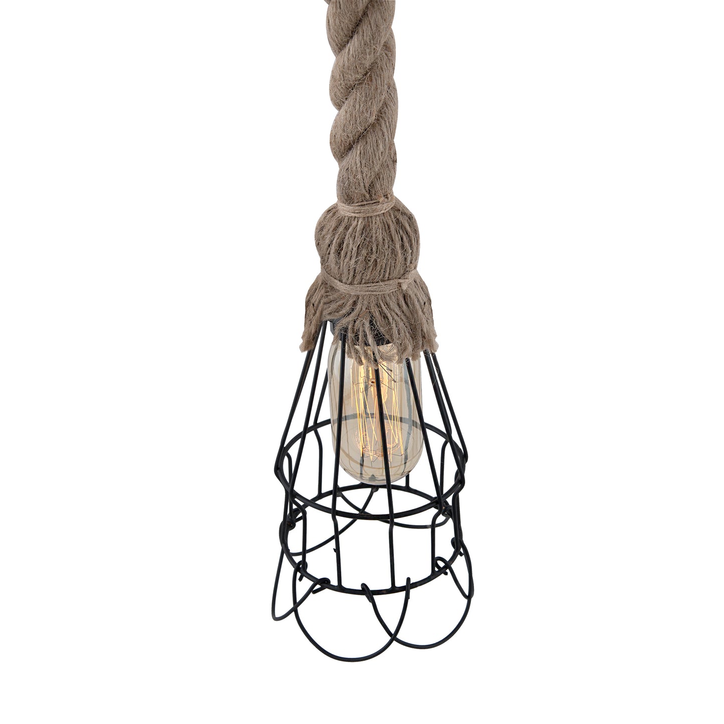 Rustic Hanging Rope filament lamp with cage, retro pendant light, with filament bulb T45