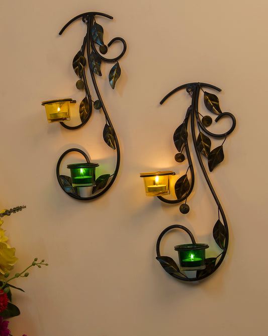 Wall Hanging leafy vine candle stand, Wall Sconce with Glass and candles