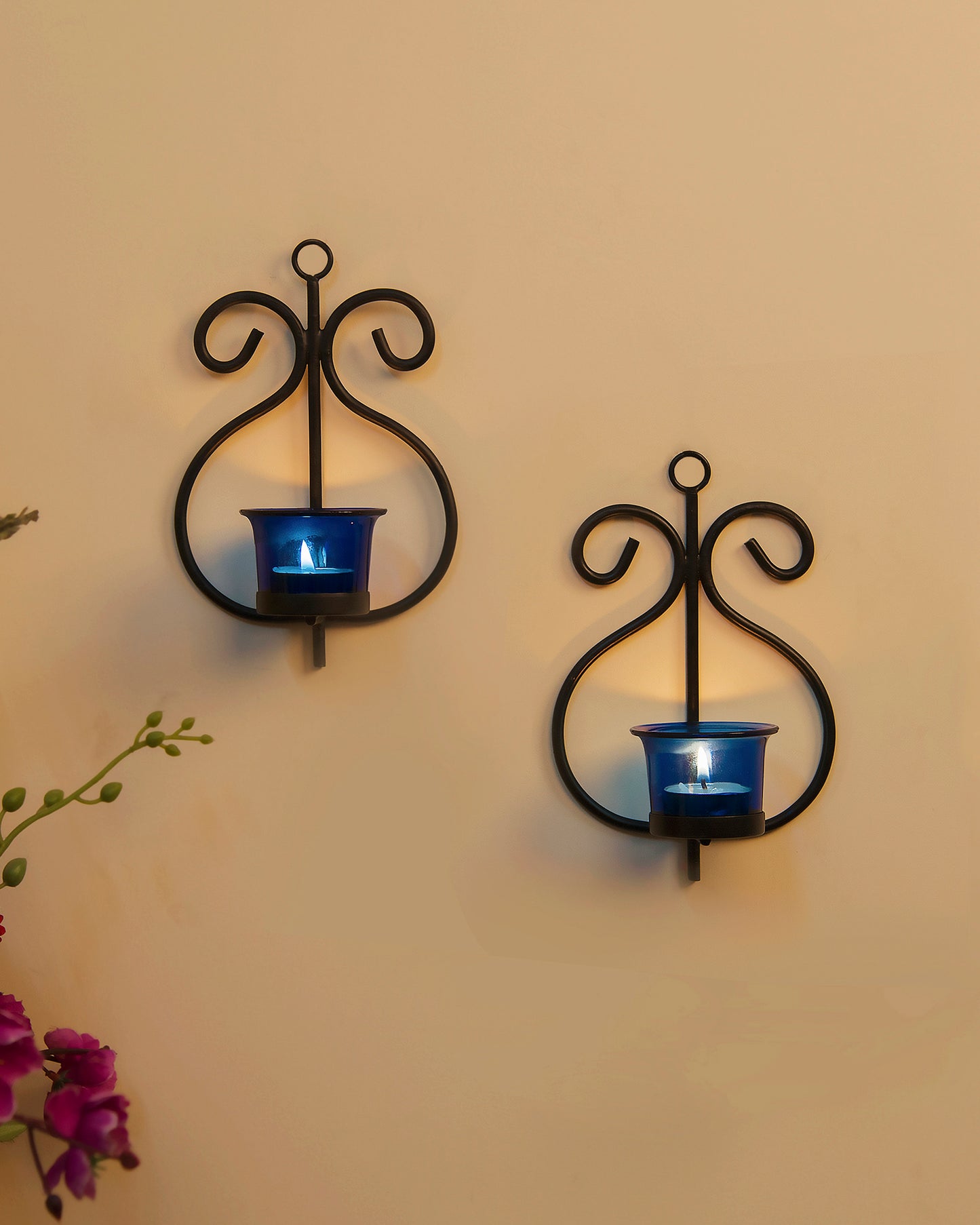 Set of 2 Decorative Wall Sconce/Candle Holder With Glass and Free T-light Candles