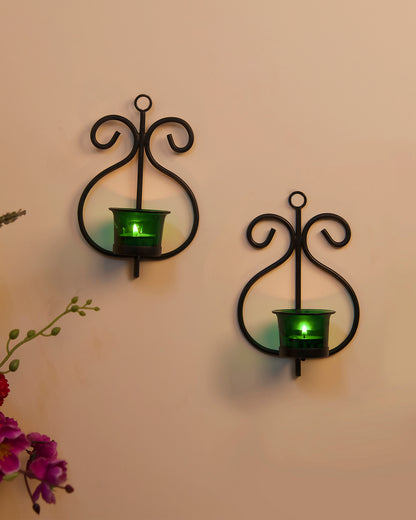 Set of 2 Decorative Wall Sconce/Candle Holder With Glass and Free T-light Candles