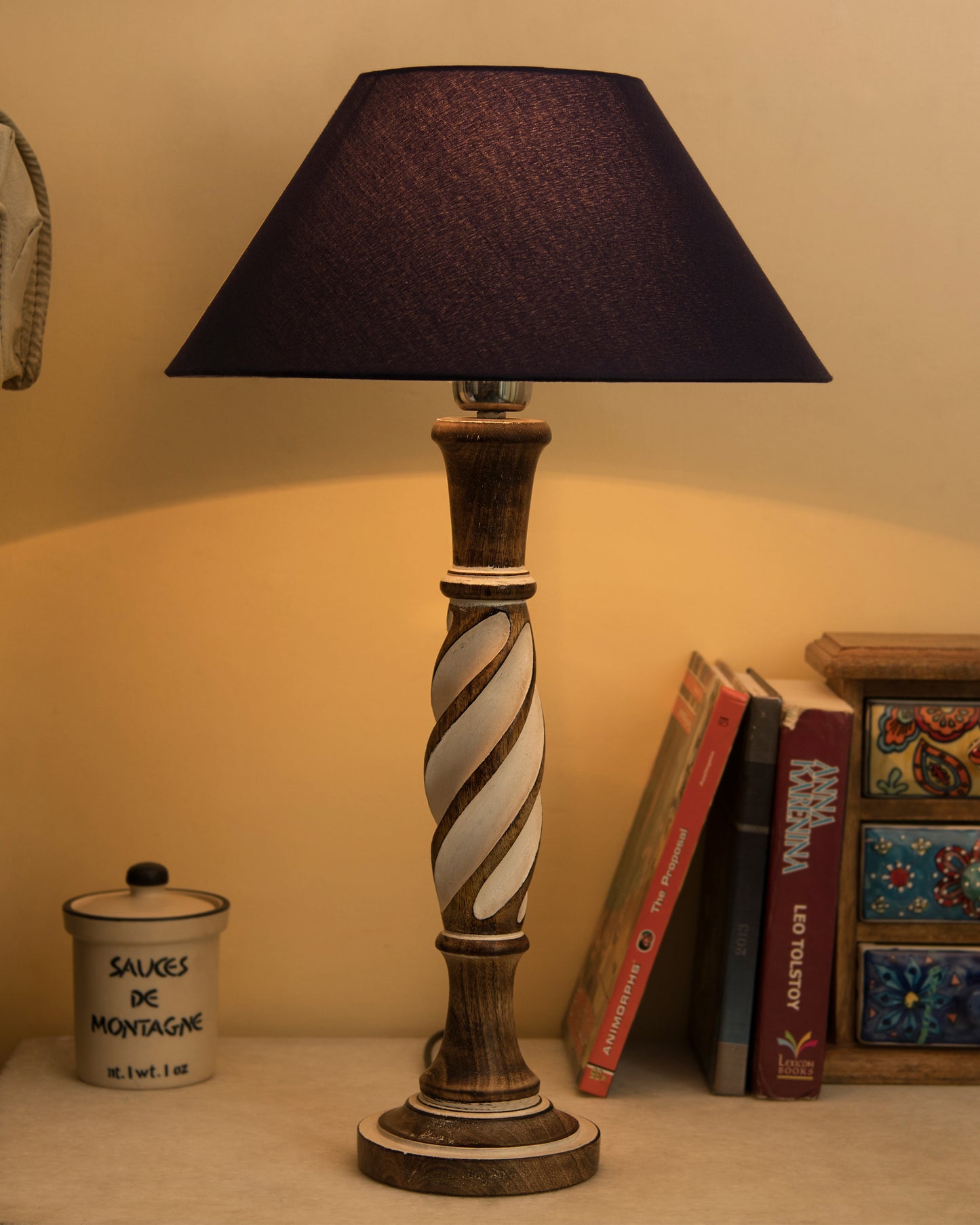 Antique White Twister wooden table lamp with shade