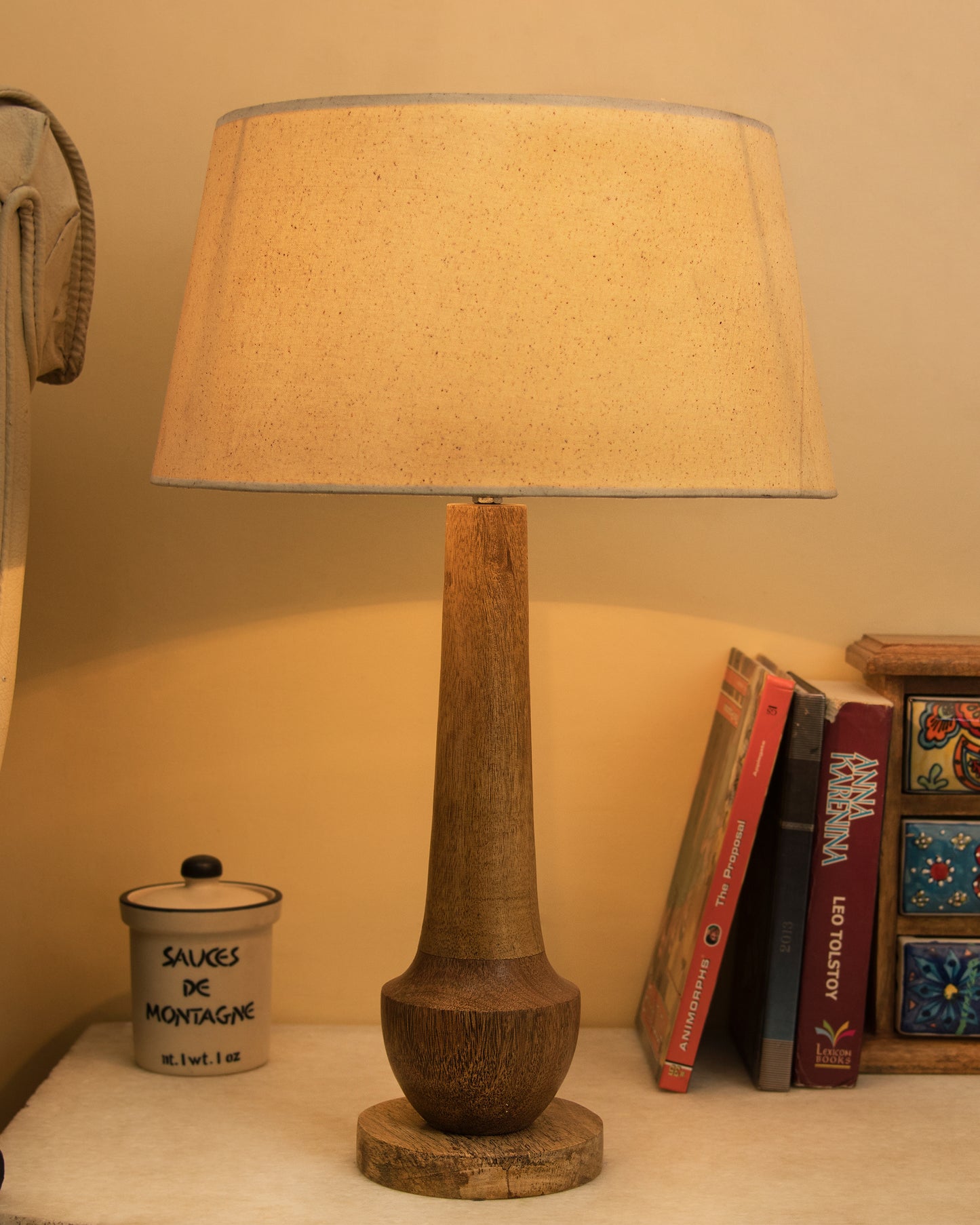 Classic Cubist Wooden Table lamp, with shade