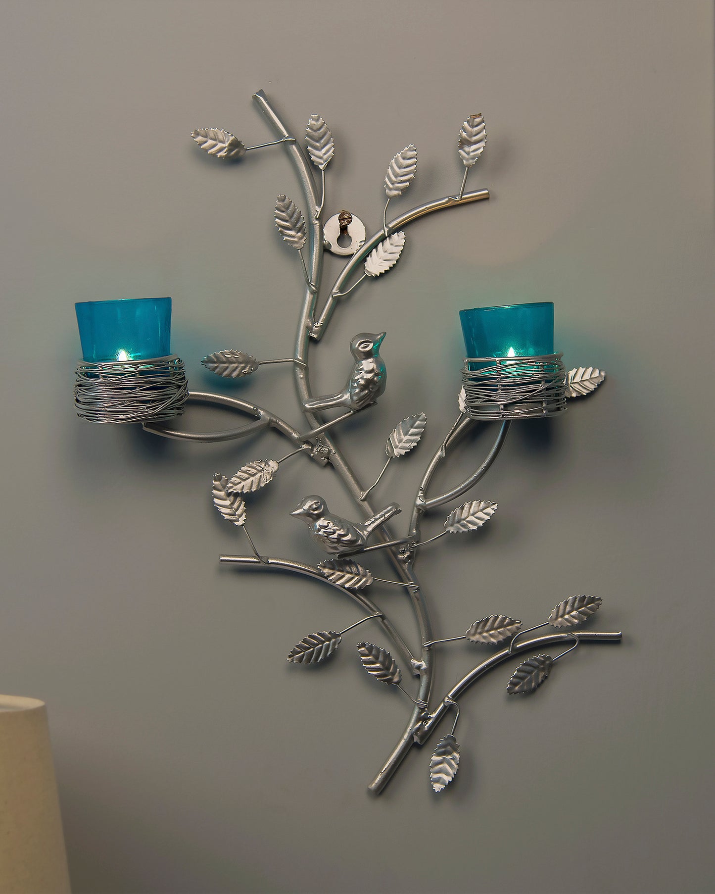 Tree with Bird Nest Votive Stand Turquoise, Wall Candle Holder and Tealight Candles