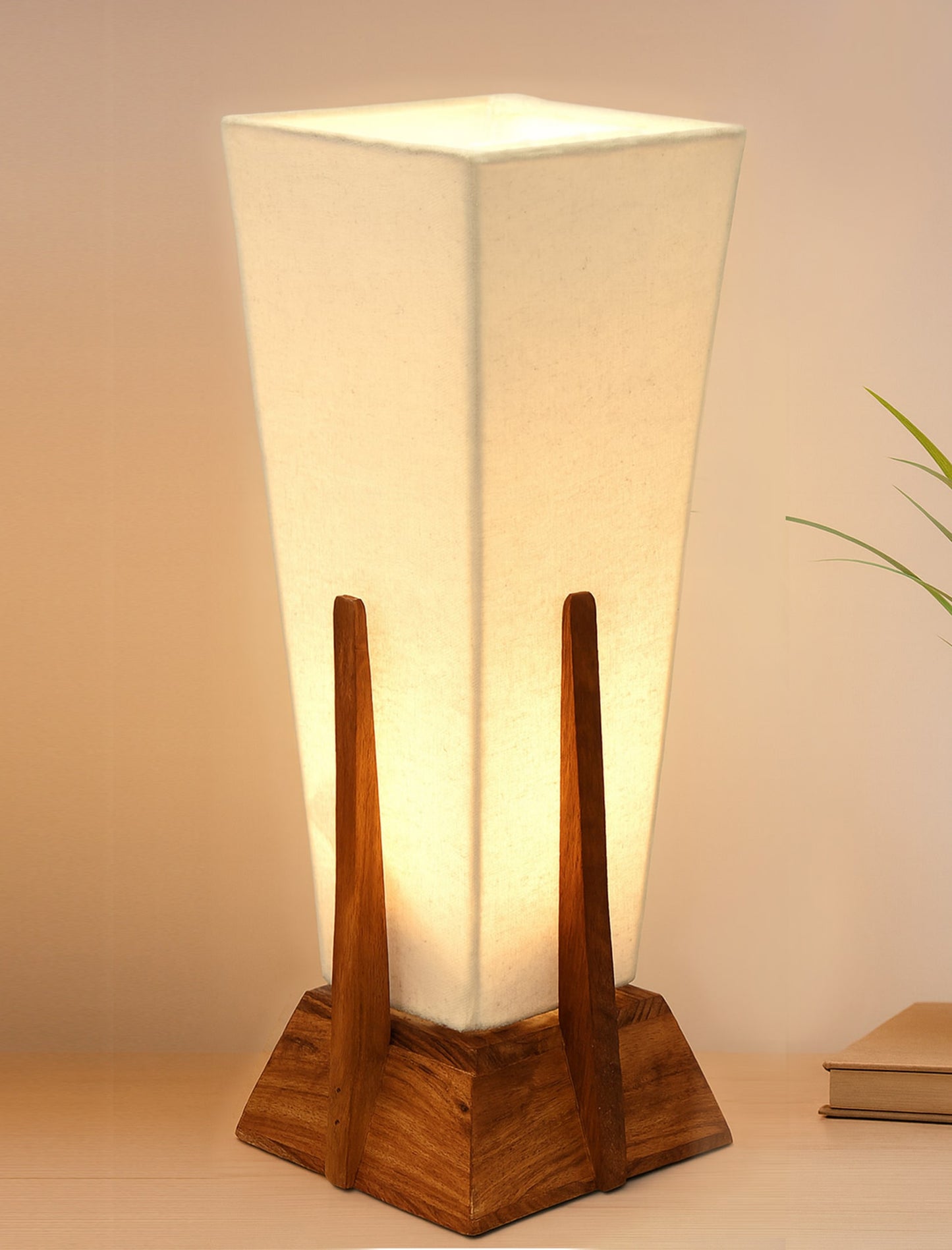 Bedside Table Lamp, Retro Style Wood Pyramid Table Lamp With Khadi Fabric Shade, Nightstand Mini Desk Lamps For Bedroom, Living Room, Baby Room, Bookcase