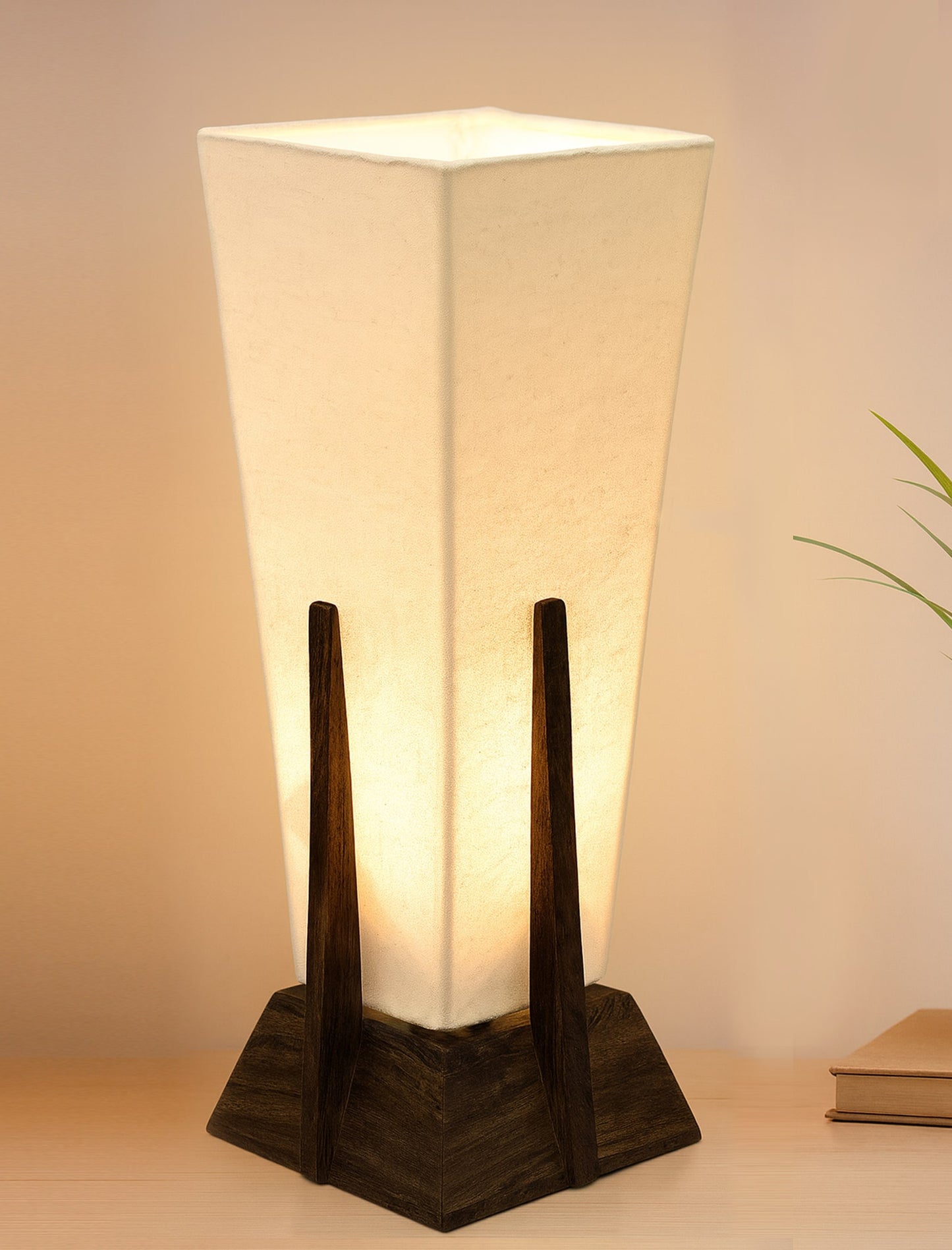 Bedside Table Lamp, Retro Style Wood Pyramid Table Lamp With Khadi Fabric Shade, Nightstand Mini Desk Lamps For Bedroom, Living Room, Baby Room, Bookcase