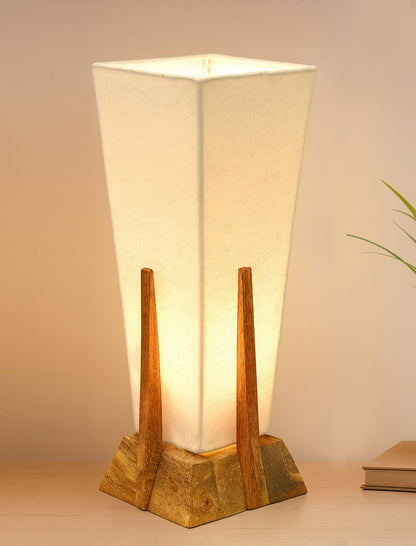 Bedside Table Lamp, Retro Style Wood Pyramid Table Lamp With Khadi Fabric Shade, Nightstand Mini Desk Lamps For Bedroom, Living Room, Baby Room, Bookcase
