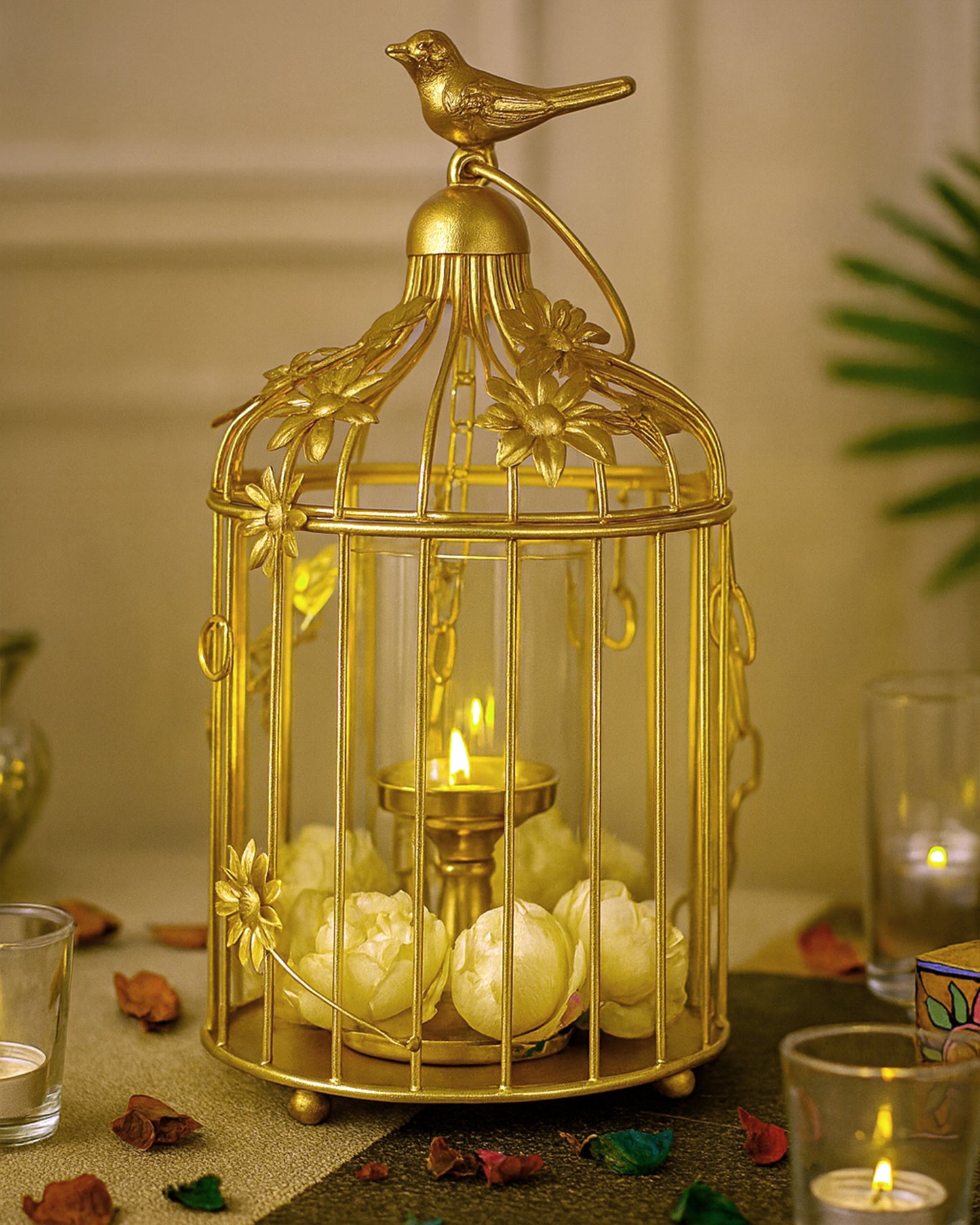 Bird Cage with Floral Vine Large Single, with hanging chain
