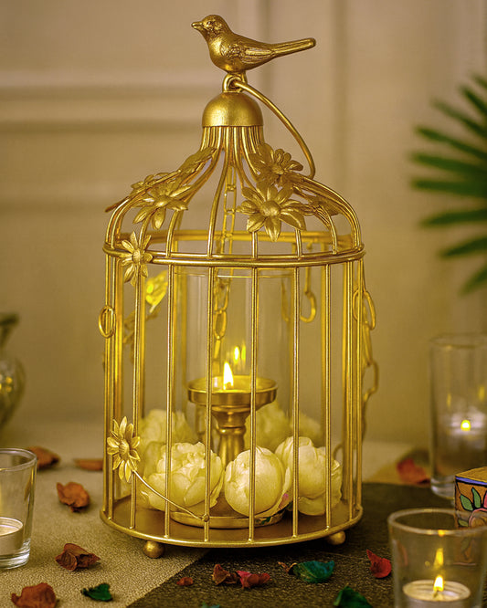 Bird Cage with Floral Vine Large Single, with hanging chain