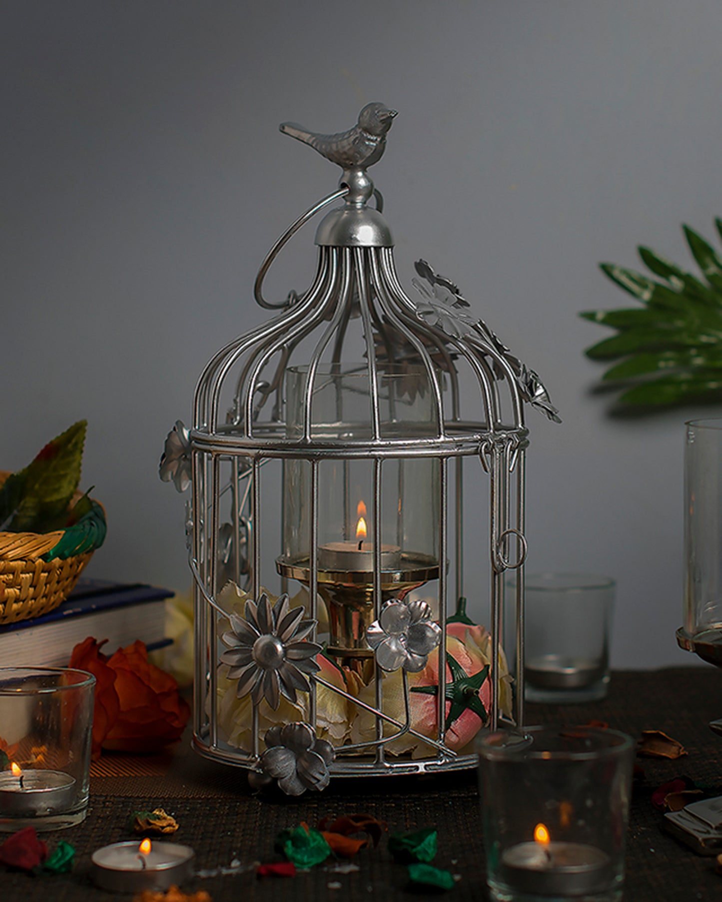 Bird Cage with Floral Vine Small Single, with hanging chain