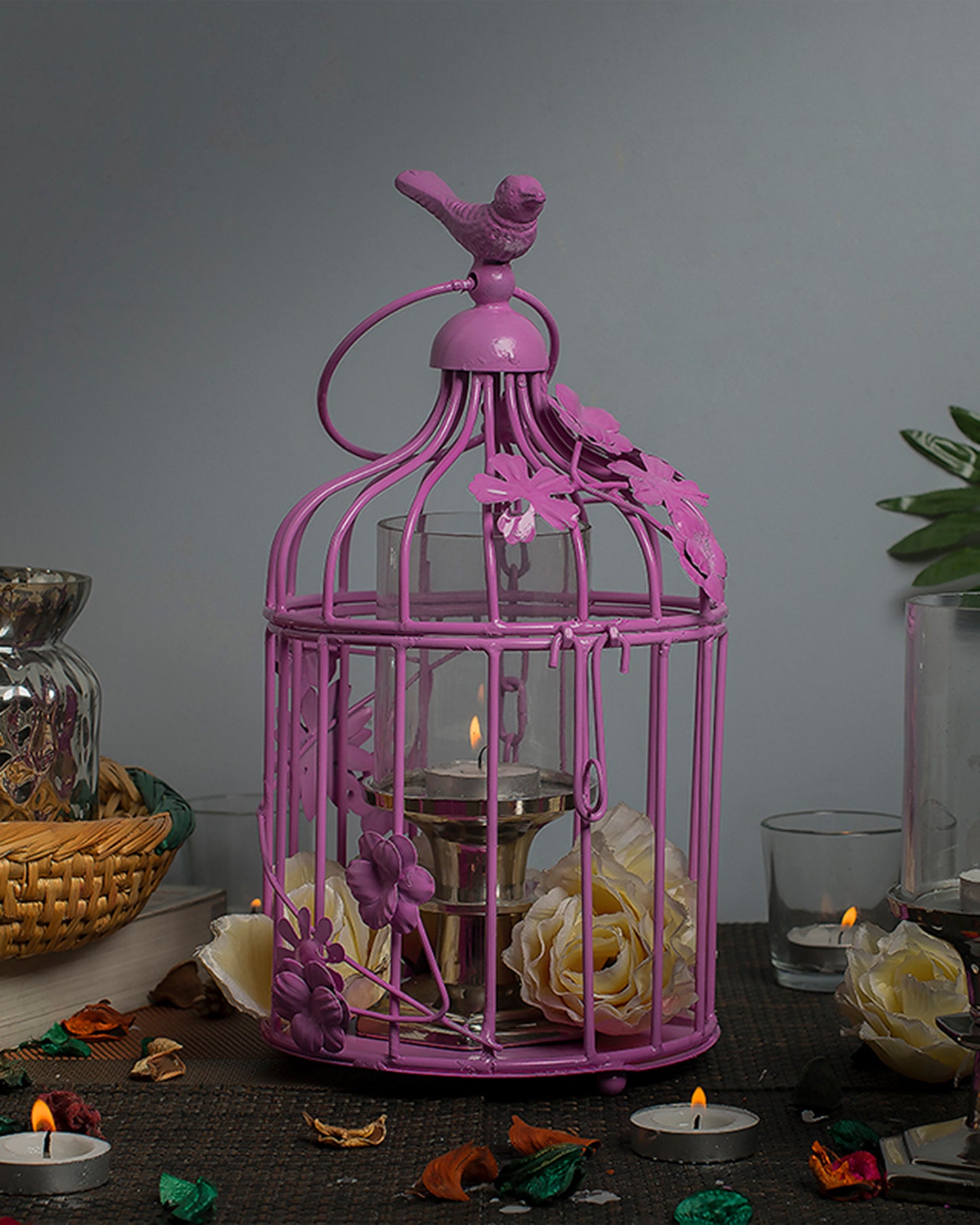 Bird Cage with Floral Vine Small Single, with hanging chain