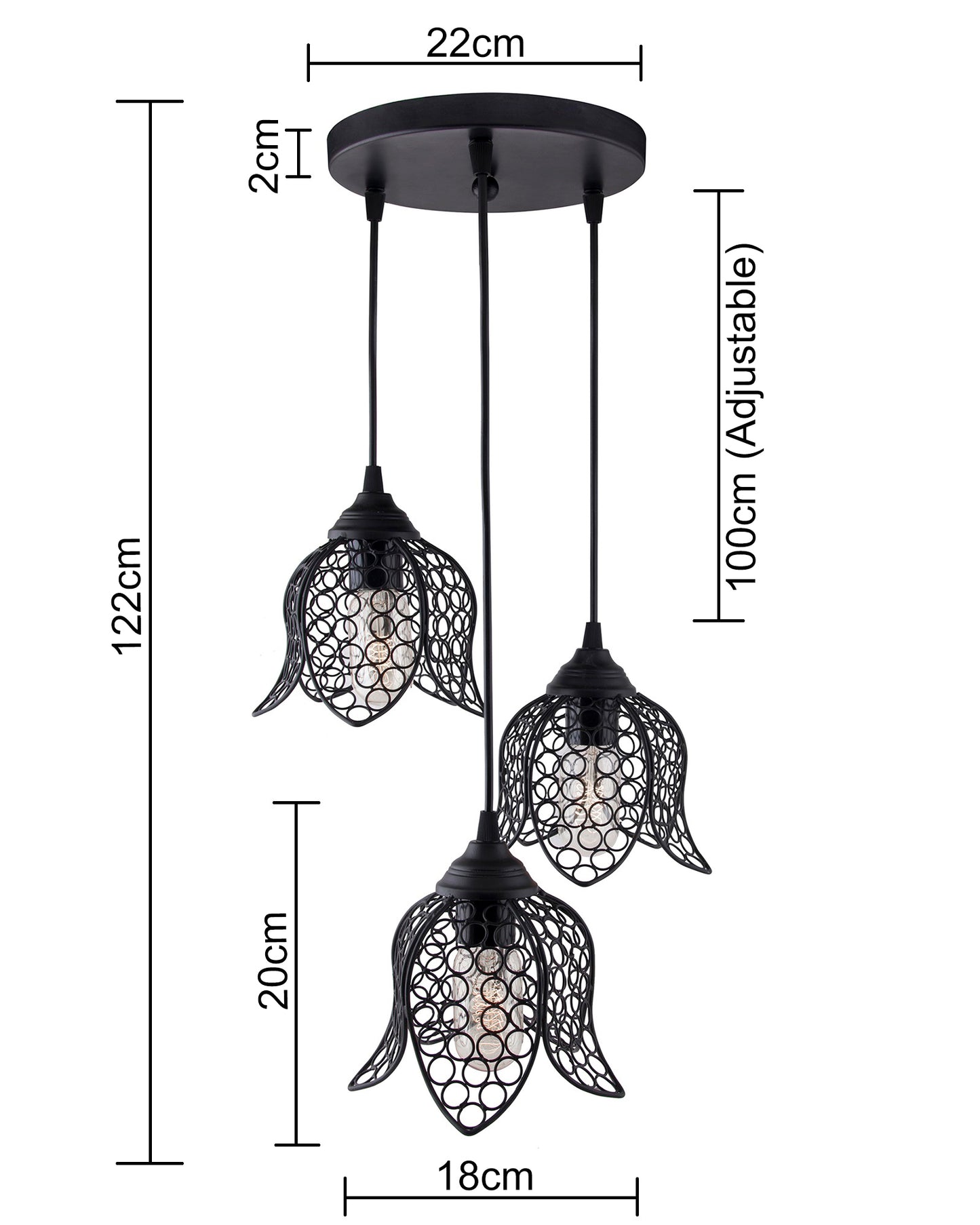 3-lights Cluster Chandelier Black Lotus Hanging Pendant Light with Braided Cord