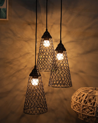 3-lights Round Cluster Chandelier Cone Hanging Pendant Light with Braided Cord