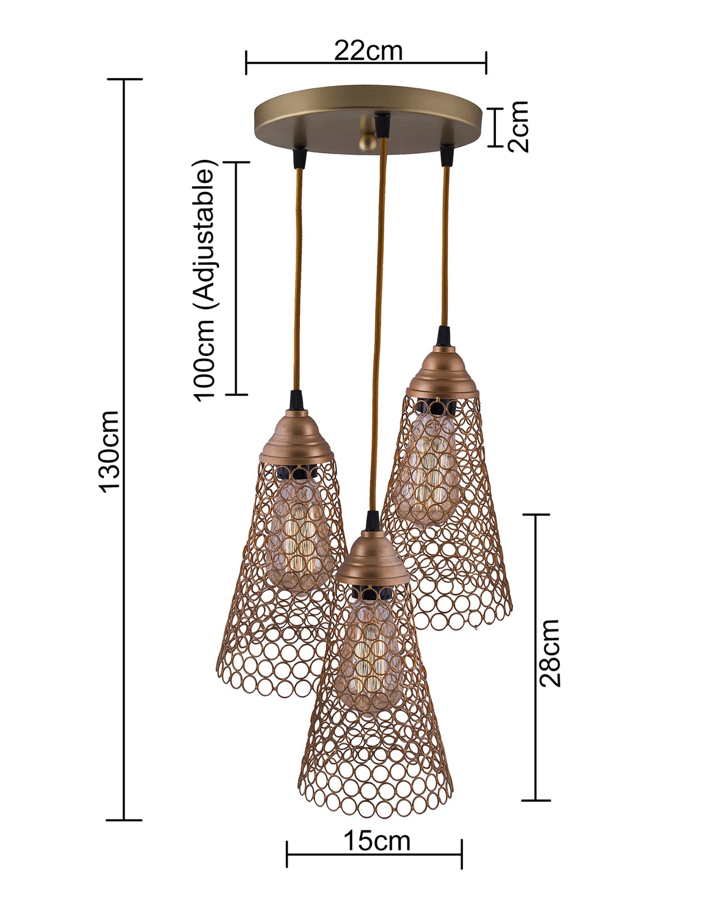 3-lights Round Cluster Chandelier Cone Hanging Pendant Light with Braided Cord